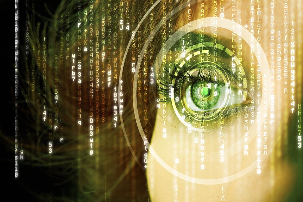 Modern cyber woman with matrix eye concept
